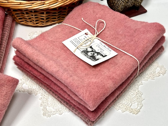 Powder Pink Wool Bundle, 3) Fat Eighths, hand dyed wool fabric for rug hooking & applique, W748, blush Pink, rose pink, carnation pink