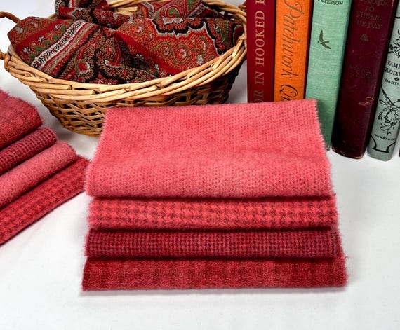 Garden Roses Bundle, hand dyed wool fabric for Rug Hooking and Applique, 4 Fat 1/16ths, W740, soft corals and roses wool, gift wool