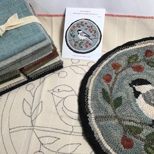 Rug Hooking KIT, Black Capped Chickadee Chair Pad or Table Mat 14&quot; Round, K124, DIY Bird Rug Kit, Folk Art Chickadee
