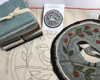 Rug Hooking KIT, Black Capped Chickadee Chair Pad or Table Mat 14" Round, K124, DIY Bird Rug Kit, Folk Art Chickadee