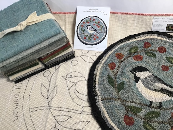 Rug Hooking KIT, Black Capped Chickadee Chair Pad or Table Mat 14" Round, K124, DIY Bird Rug Kit, Folk Art Chickadee