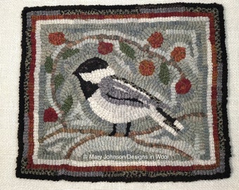 Patrón de enganche de alfombras, carbonero de cabeza negra de 10" x 12", P216, diseño de pájaro de arte popular, enganche de alfombras primitivo DIY