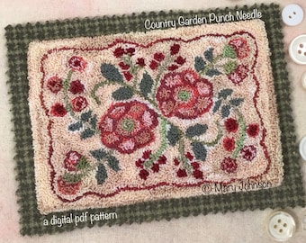 Punch Needle DIGITAL Pattern, Country Garden by Mary Johnson, a digital download pdf pattern