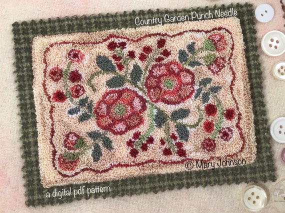 Punch Needle DIGITAL Pattern, Country Garden by Mary Johnson, a digital download pdf pattern