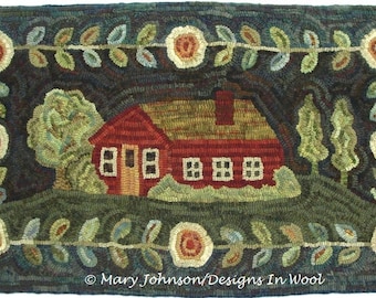 Rug Hooking Pattern, Home Sweet Home 20" x 36", P196, Primitive Rug Design, House and Flowers, Folk Art Pattern, DIY Rug Hooking