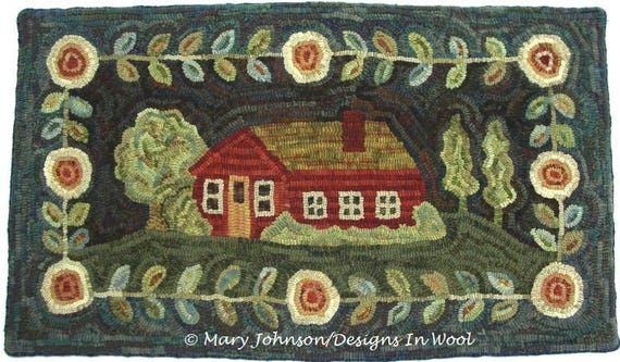 Rug Hooking Pattern, Home Sweet Home 20" x 36", P196, Primitive Rug Design, House and Flowers, Folk Art Pattern, DIY Rug Hooking