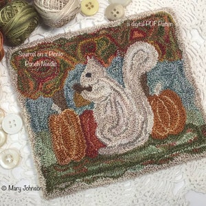 Punch Needle DIGITAL Pattern, Squirrel on a Picnic by Mary Johnson, Digital Download pdf Punchneedle Embroidery Pattern