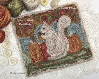 Punch Needle DIGITAL Pattern, Squirrel on a Picnic by Mary Johnson, Digital Download pdf Punchneedle Embroidery Pattern