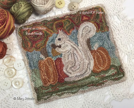 Punch Needle DIGITAL Pattern, Squirrel on a Picnic by Mary Johnson, Digital Download pdf Punchneedle Embroidery Pattern