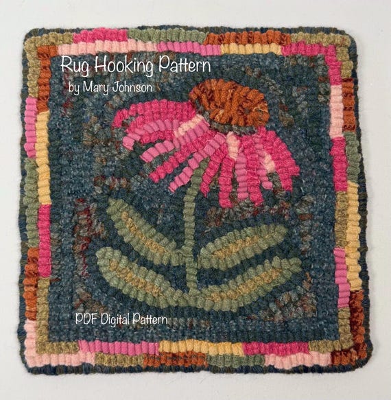 Coneflower Mat 8 x 8 , Hooked Rug Pattern by Mary Johnson (Digital Download)