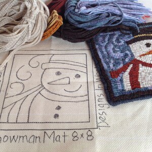 Rug Hooking KIT, Snowman Mat, 8 x 8, K109, DIY Primitive Rug Mat, Rug Holiday Trivet Mat, Winter Rug Hooking Project image 2