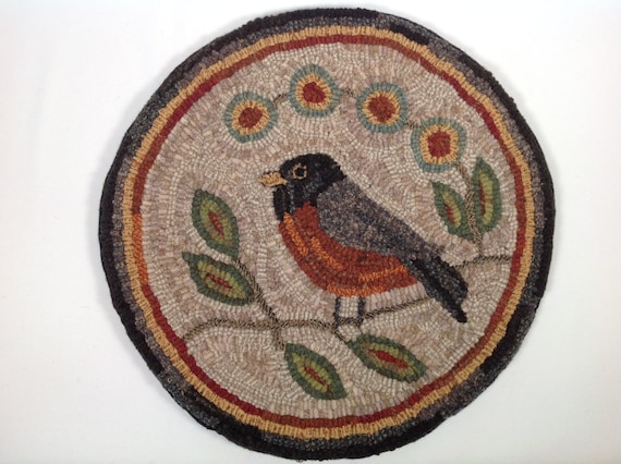 Rug Hooking PATTERN, Robin Chair Pad or Table Mat, 14" Round, P189, DIY Folk Art Robin, Wide Cut rug hooking