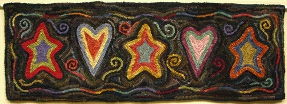 Rug Hooking PATTERN, Sweet Dreams, 12" x 36", P171, Primitive Stars and Hearts Rug Design, DIY Rug Hooking