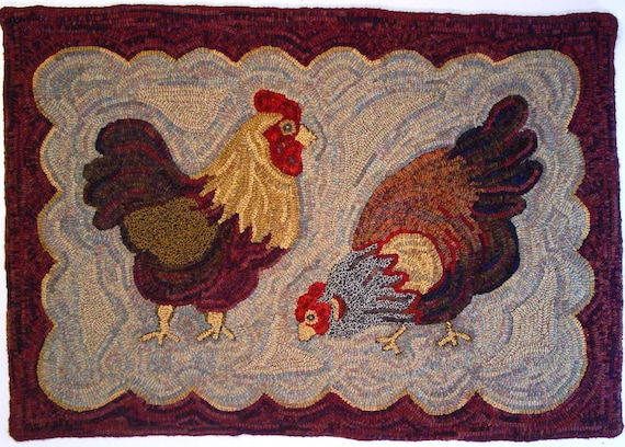 Rug Hooking PATTERN, Two Chickens, 26" x 38", P162, Primitive Rug Hooking DIY, Folk Art Chickens,