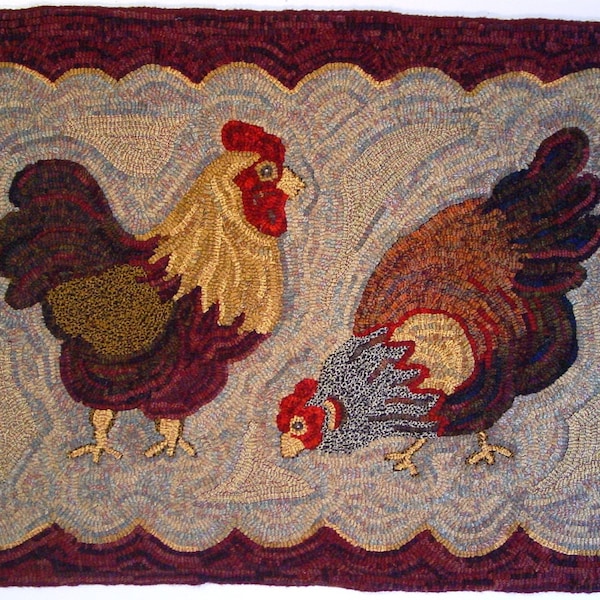 Rug Hooking PATTERN, Two Chickens, 26" x 38", P162, Primitive Rug Hooking DIY, Folk Art Chickens,