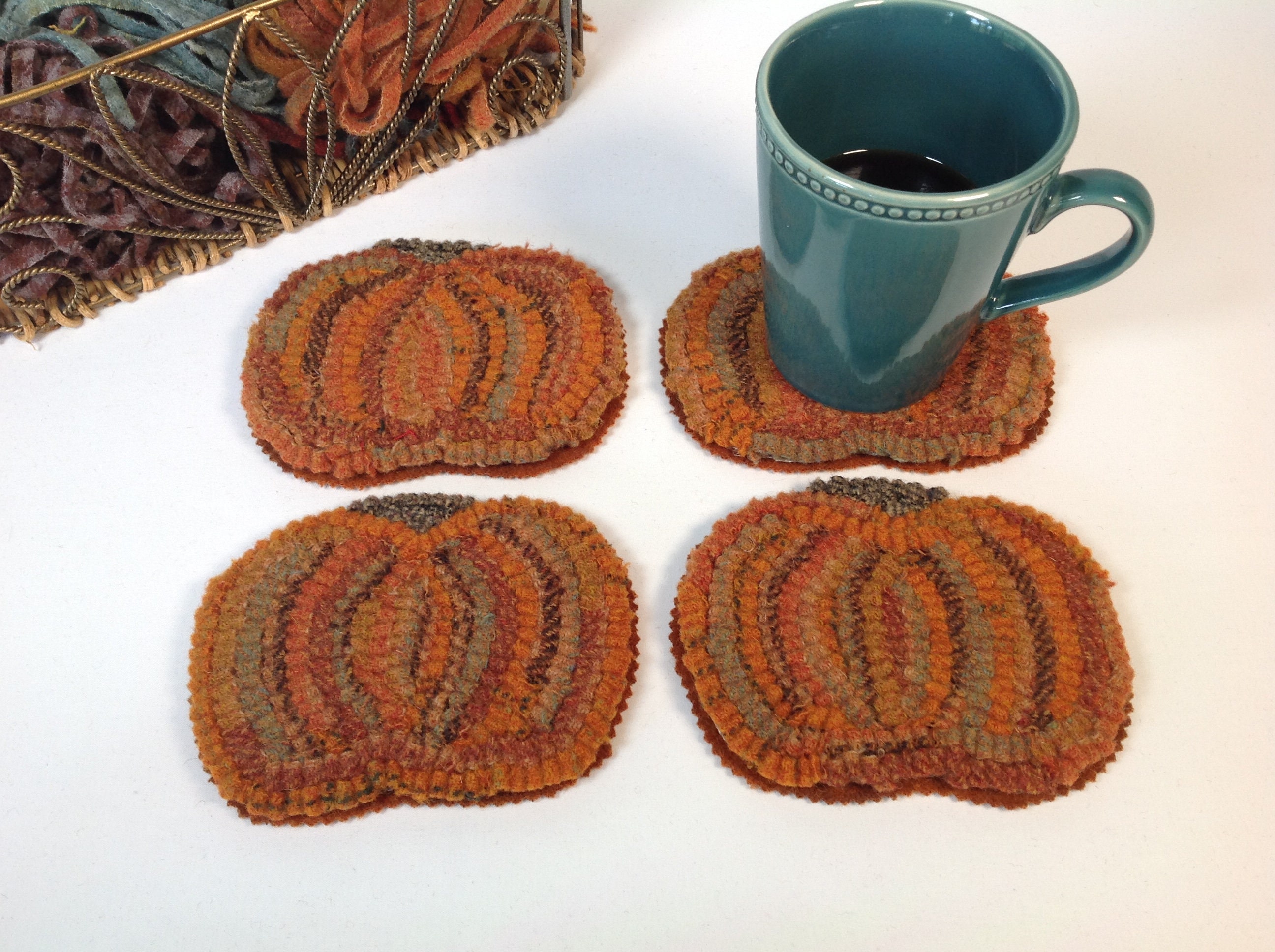Rug Hooking Kit, Pumpkin Mug Rugs, K119, DIY Coasters, Fall Folk Art