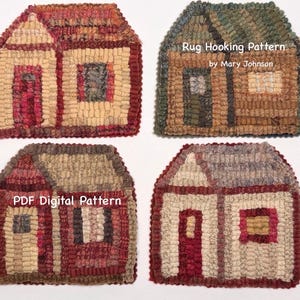 Puede incluir: Cuatro patrones cuadrados de ganchillo para alfombras con diseños de casas en varias paletas de colores, incluyendo rojo, beige, marrón y verde. La imagen superior derecha incluye el texto Rug Hooking Pattern by Mary Johnson y la inferior izquierda PDF Digital Pattern.