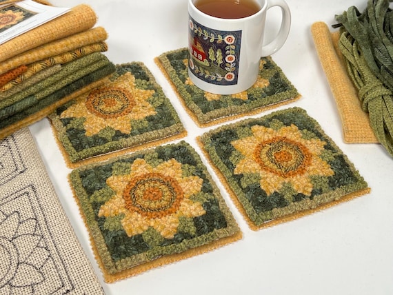 Rug Hooking PATTERN, Sunflower Mug Rugs #2, DIY Primitive Rug Hooking design, P229, Sunflower Coasters