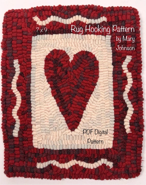 February Heart 7x9,  Hooked Rug Pattern by Mary Johnson (Digital Download), DIY Folk Art heart design
