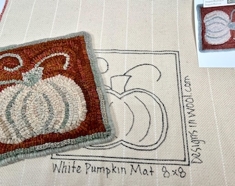 White Pumpkin Mat, 8" x 8", Rug Hooking PATTERN, P148, DIY Primitive Pumpkin, Fall Rug Hooking pattern