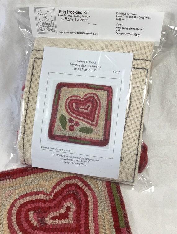 Rug Hooking KIT, "Heart Mat", 8" x 8", K117,  DIY Primitive Rug Hooking, Wide Cut Hooking, Folk Art Heart Mat