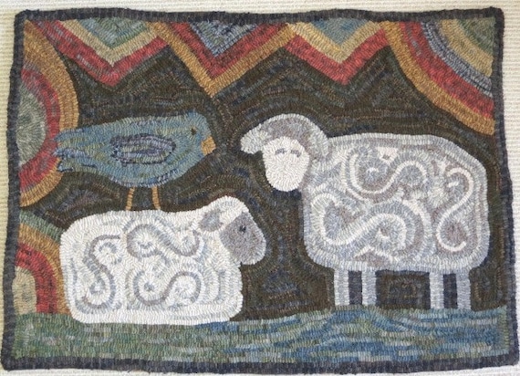 Rug Hooking PATTERN, Two Sheep and Bird, 24" x 36", P153, Primitive Folk Art Sheep Design, DIY Primitive Rug Hooking