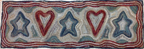 Rug Hooking PATTERN, Patriotic Dreams, 12" x 36", P112, 4th of July, Red, White and Blue, Primitive Hearts and Stars