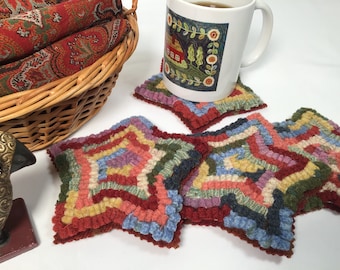 Star Mug Rugs, Kit OR Wool Pack, K137, DIY Mug Rugs or Christmas Ornaments, for Primitive Rug Hooking