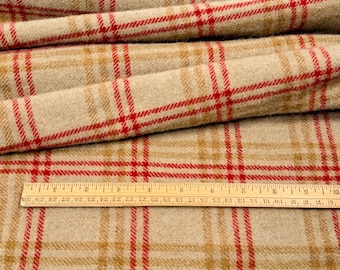 Camel Plaid Wool for Rug Hooking and Applique Wool, W782, Large Plaid with camel, red and gold