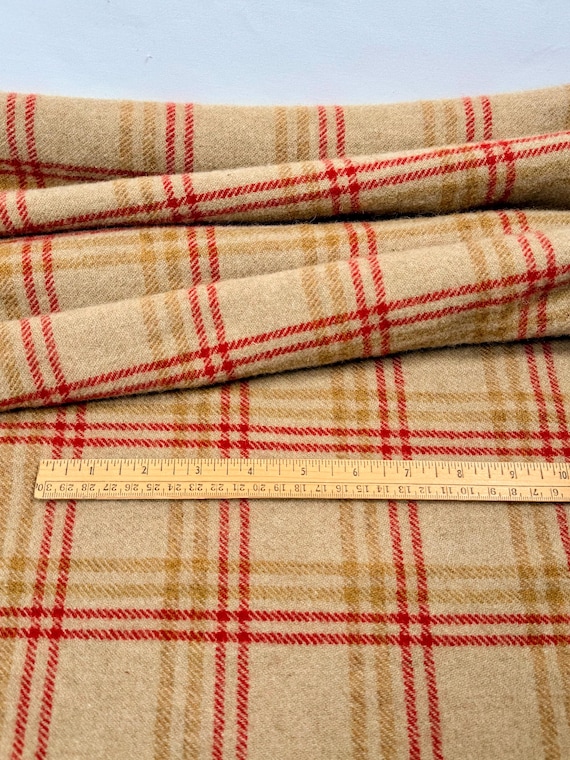 Camel Plaid Wool for Rug Hooking and Applique Wool, W782, Large Plaid with camel, red and gold