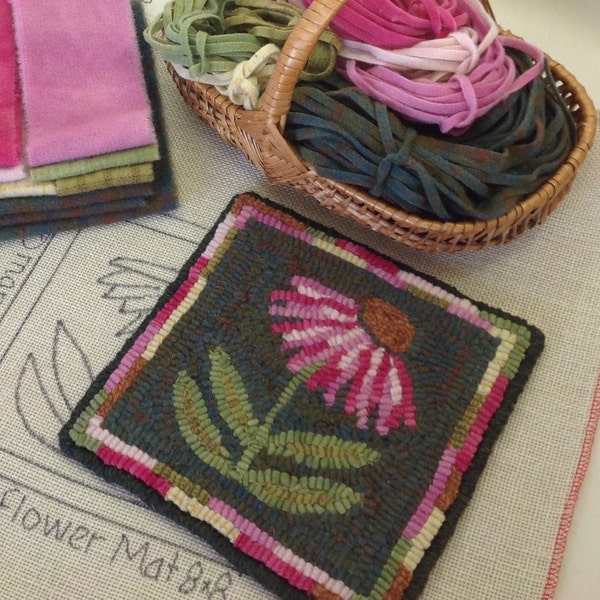 Rug Hooking KIT, "Coneflower Mat", 8" x 8", K126, DIY Primitive Rug Hooking Mat, Folk Art Flower Tea Trivet