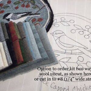 May include: A craft kit featuring a black-capped chickadee design. The image shows a completed rug, a canvas with the design outline, and various fabric swatches in shades of gray, blue, green, and red. Text indicates the kit can be ordered with uncut wool or pre-cut strips.