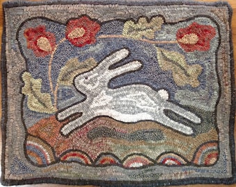 Rug Hooking PATTERN, Spring Delight, 18" x 24", P166, DIY Bunny Hooked Rug, Primitive Hooked Rabbit, Folk Art Bunny