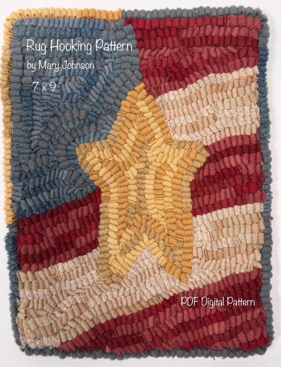 July Flag 7x9,  Hooked Rug Pattern by Mary Johnson (Digital Download), Primitive flag rug