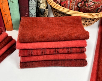 Autumn Reds Bundle, 5 fat sixteenths, hand dyed wool for rug hooking and applique, W746,  rusty reds,  brick reds, Santa reds, terracotta