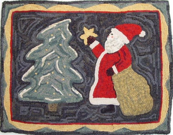 Rug Hooking PATTERN, Santa Brings The Star, 22" x 28", P169, Christmas, Saint Nick, DIY Primitive Hooked Santa