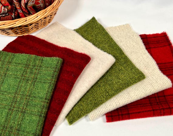 Christmas Cheer Bundle, Wool Fabric for Rug Hooking and Applique, 6) Fat 1/16ths, W754, Green, Red, White wool