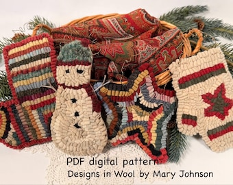 Christmas Ornaments_1,  a rug hooking pattern by Mary Johnson (Digital Download) Snowman, Star, Stocking, Mitten