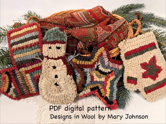 Christmas Ornaments_1,  a rug hooking pattern by Mary Johnson (Digital Download) Snowman, Star, Stocking, Mitten