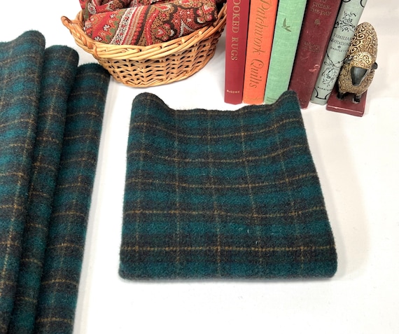 Teal Green Plaid, a mill dyed Wool Fabric for Rug Hooking and Applique, W687,  deep teal plaid