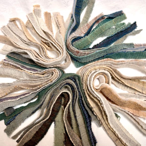 50 pieces, wool fabric Selvages, 100% wool fabric in blues and neutrals for crafting, wide cut rug hooking, W794