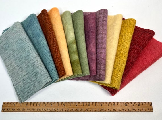 Summer Season Wool Scraps, 12 pieces, hand dyed wool pieces for Applique, W510,  wool stitchery, penny rugs