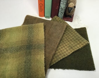 4) Fat 1/16ths, Olive Grove Greens, hand dyed wool fabric for Rug Hooking and Applique, W565, Primitive Green, Khaki Green