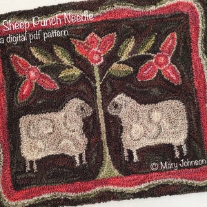 Op de afbeelding: Een rechthoekig ponsnaaldpatroon met twee schapen, bloemen en de tekst "Two Sheep Punch Needle a digital pdf pattern". Het ontwerp gebruikt rode, groene en bruine tinten, met de naam van de kunstenaar onderaan.