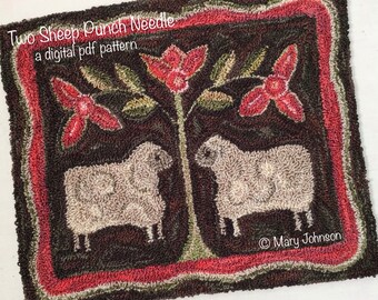 Punch Needle DIGITAL Pattern, Two Sheep by Mary Johnson, Digital Download Pattern