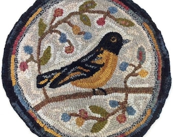 Rug Hooking PATTERN, Oriole Chair Pad or Table Mat, 14" Round, P122, DIY, Primitive Oriole Rug Design, Folk Art Oriole