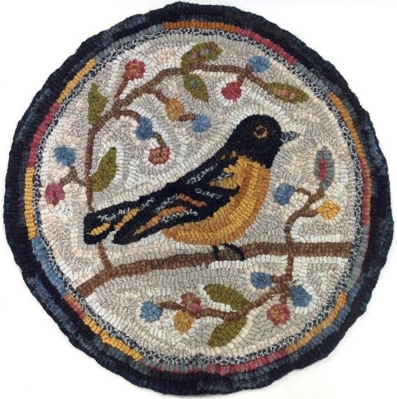 Rug Hooking PATTERN, Oriole Chair Pad or Table Mat, 14" Round, P122, DIY, Primitive Oriole Rug Design, Folk Art Oriole