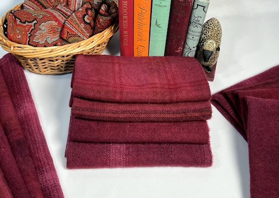 Plumberry Reds Bundle, 4) fat eighths, hand dyed wool fabric for Rug Hooking and Applique, W704,  raspberry, burgundy red, wine red, maroon