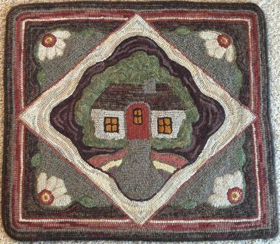 Rug Hooking PATTERN, "Cottage Retreat", 28" x 32", Primitive Rug Design, P129, Folk Art House, Hand Drawn Pattern, DIY Wide Cut Hooking