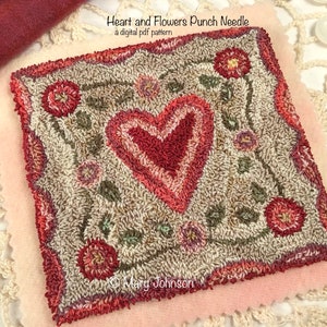 Punch Needle DIGITAL Pattern, Heart and Flowers by Mary Johnson, Digital Download pdf Pattern